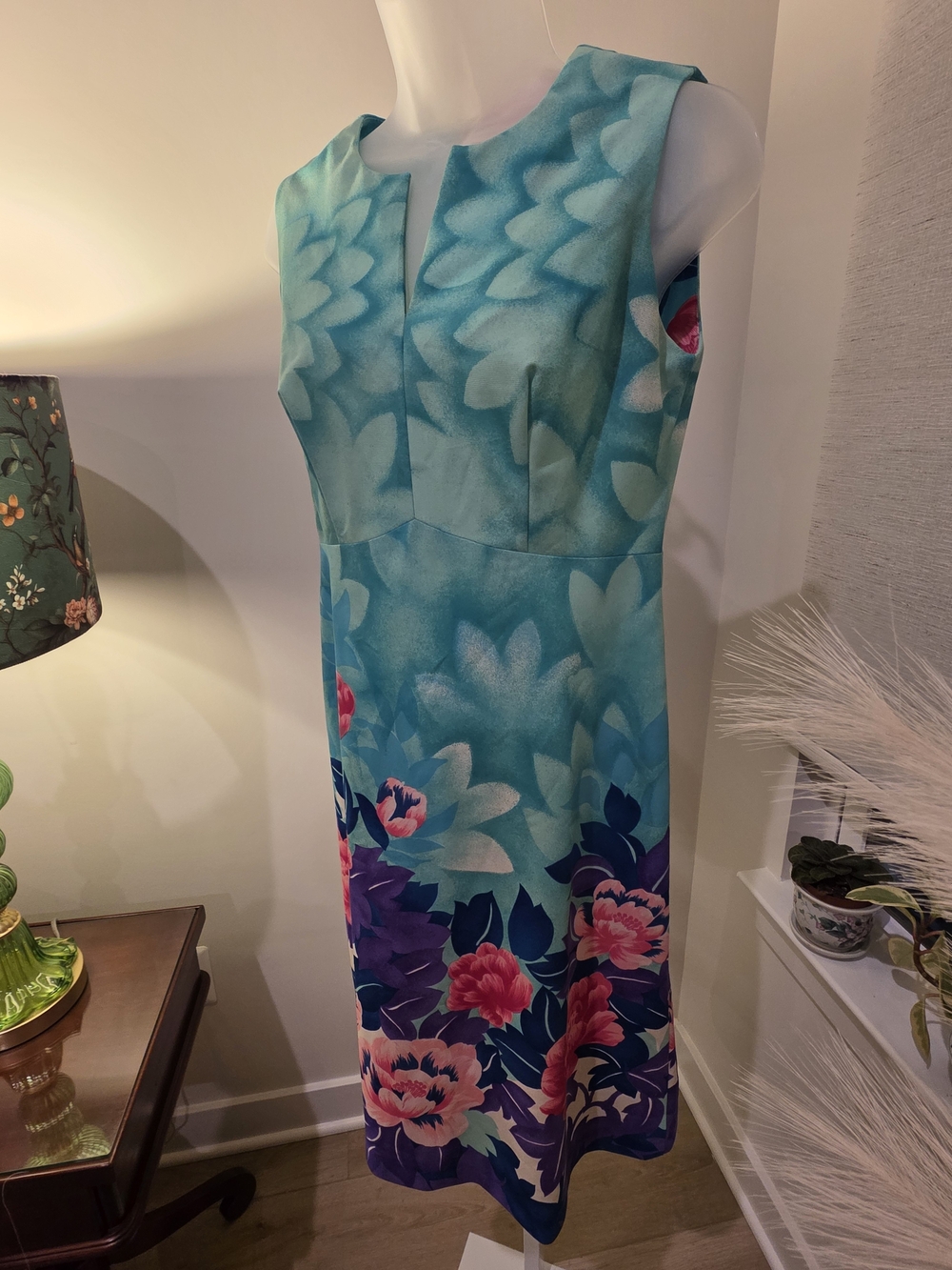 VTG Hawaiian Sleeveless Aqua Floral Sheath Dress Size L - Picture 8 of 16